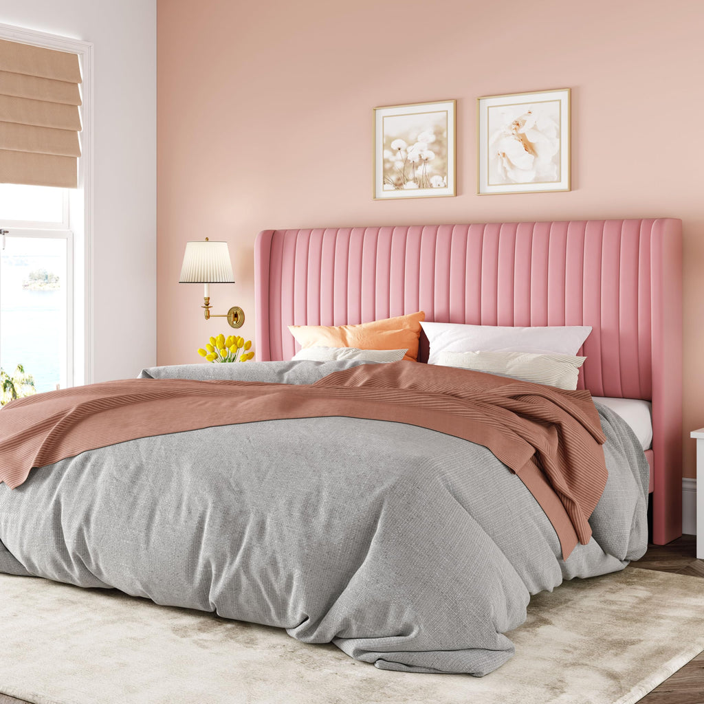 Black Full Size Velvet Platform Bed Frame, Wingback Tufted Headboard with Wooden Slats, No Box Spring Needed